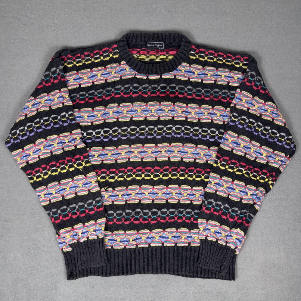 Vintage 90s Peter England Multicolor Geometric Knit Sweater Ramie Cotton‎ Mens L